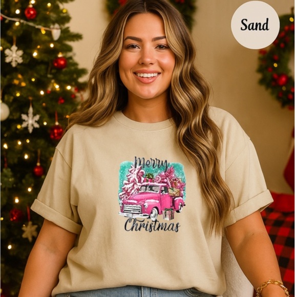 Gildan Sand Christmas Tee with Pink Truck - Picture 1 of 1